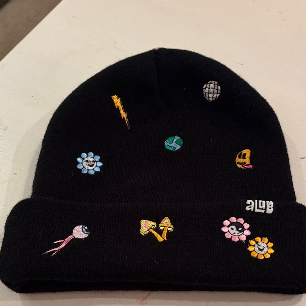 NWOT ALAB Black Beanie with Colorful Embroidered Motifs